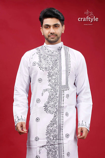 White and grey kantha work cotton kurta for men white embroidered kurta 2