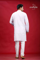 White and grey kantha work cotton kurta for men white kurta pajama set 5