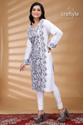 White and grey thread work all over cotton kantha kurti white embroidered tunic leggings 4