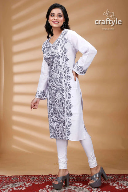 White and grey thread work all over cotton kantha kurti white embroidered tunic leggings 4