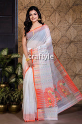 White and Orange Handloom Dhakai Jamdani Saree - Craftyle