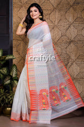 White and Orange Handloom Dhakai Jamdani Saree - Craftyle