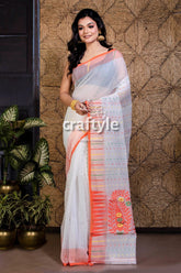 White and Orange Handloom Dhakai Jamdani Saree - Craftyle