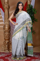 White and Pickle Green Hand Block Kerala Cotton Saree-Craftyle
