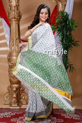 White and Pickle Green Hand Block Kerala Cotton Saree-Craftyle