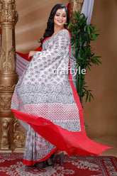 White and Red Hand Block Pure Cotton Saree-Craftyle