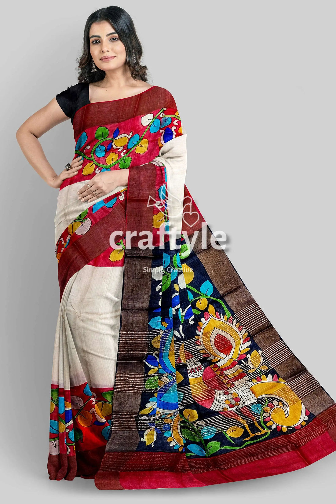 White and red pure tussar kalamkari saree with zari border - hand painted woman colorful saree 1