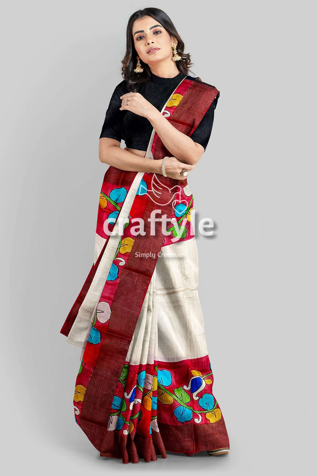 White and Red Pure Tussar Kalamkari Saree with Zari Border - Hand Painted - Craftyle