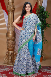 White and Sky Blue Hand Block Pure Cotton Saree-Craftyle