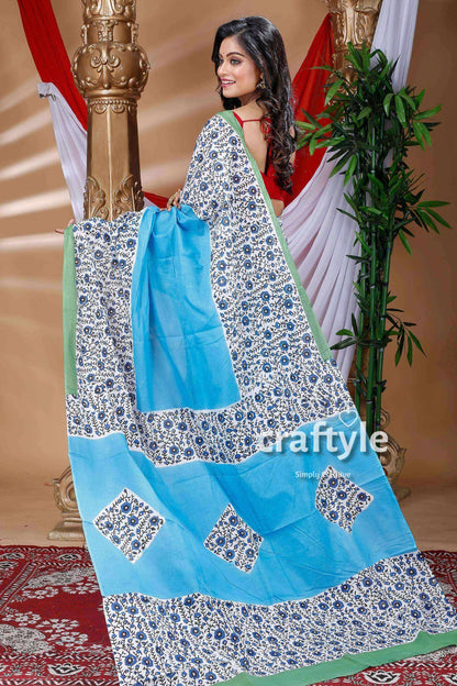 White and Sky Blue Hand Block Pure Cotton Saree-Craftyle