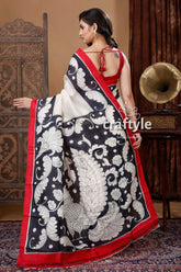 White & Black Floral Motif Hand Painted Pure Silk Kalamkari Saree - Craftyle