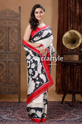 White & Black Floral Motif Hand Painted Pure Silk Kalamkari Saree - Craftyle