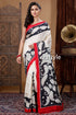 White & Black Floral Motif Hand Painted Pure Silk Kalamkari Saree - Craftyle