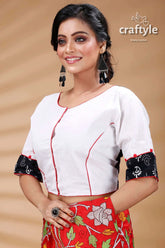 White & black patch work designer cotton blouse woman white blouse red trim 3