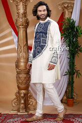 White & blue kantha work ethnic cotton kurta for men intricate navy 3