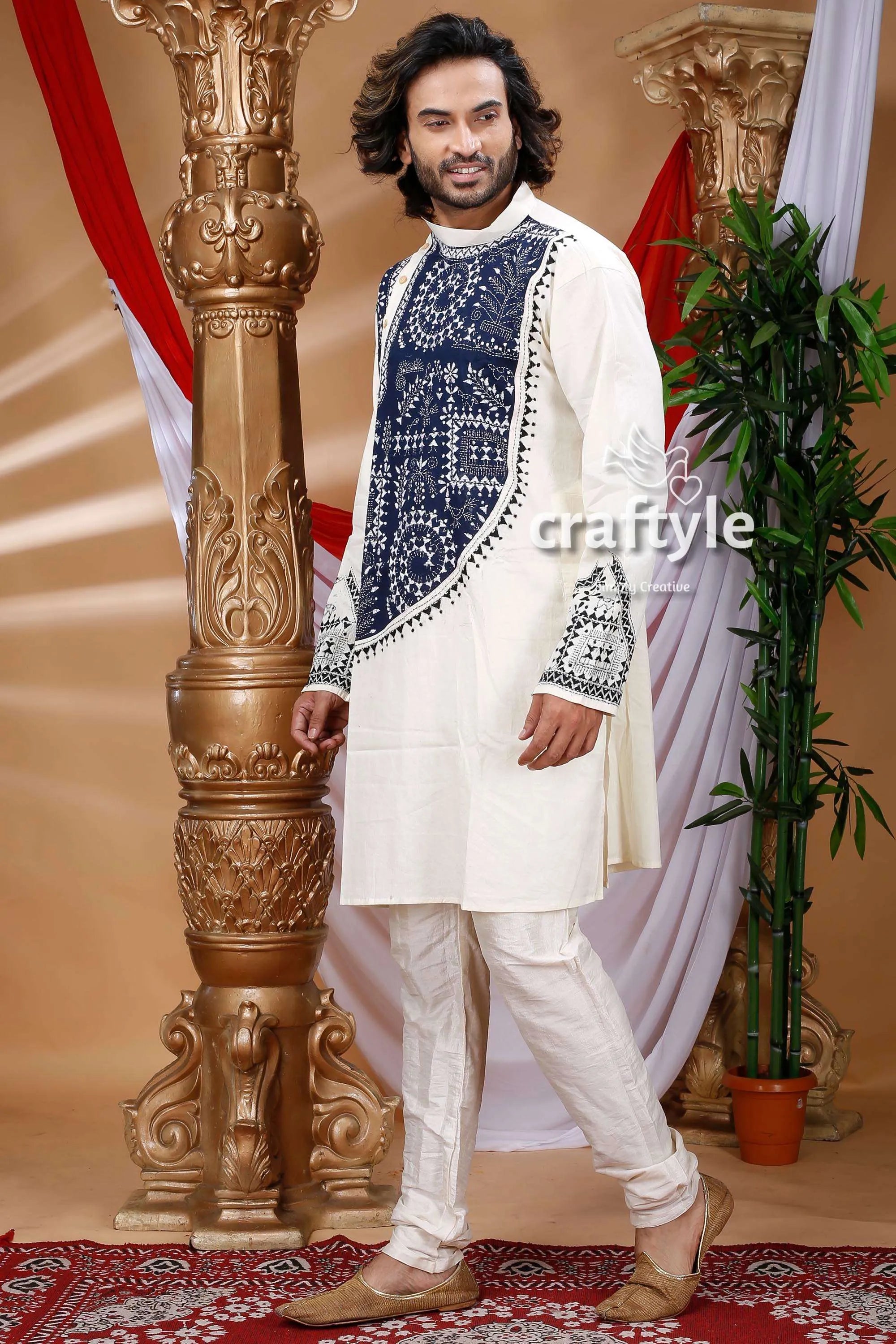 White &amp; blue kantha work ethnic cotton kurta for men intricate navy 3