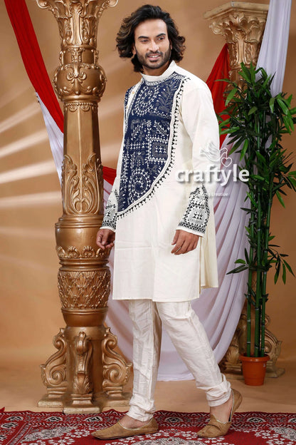 White &amp; blue kantha work ethnic cotton kurta for men intricate navy 3