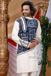 White & blue kantha work ethnic cotton kurta for men man navy embroidered 2