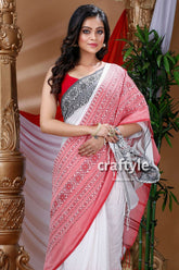 White & Blush Red Begampuri Saree-Craftyle