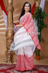 White & Blush Red Begampuri Saree-Craftyle