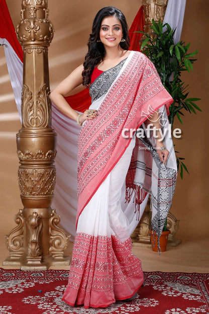 White &amp; Blush Red Begampuri Saree-Craftyle