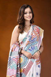 White circular floral design handmade silk kantha stitch saree 2