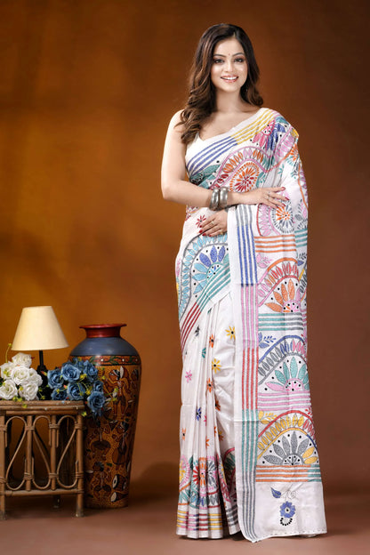 White circular floral design handmade silk kantha stitch saree woman wears white saree adorned 1