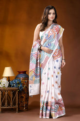 White circular floral design handmade silk kantha stitch saree woman wears white saree adorned 4