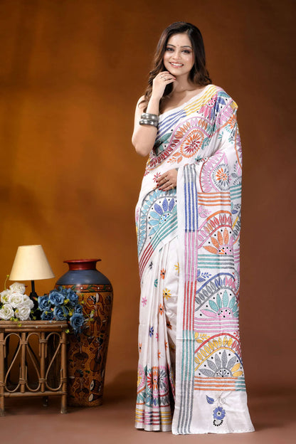 White circular floral design handmade silk kantha stitch saree vibrant hand-embroidered white saree adorned 6