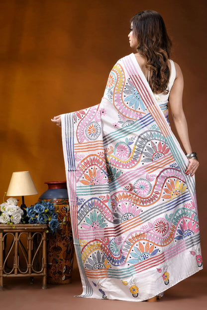 White circular floral design handmade silk kantha stitch saree woman wears white saree adorned 5
