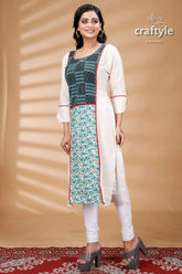 White cotton mix and match kurti with kantha embroidery woman’s patterned kurta leggings 3