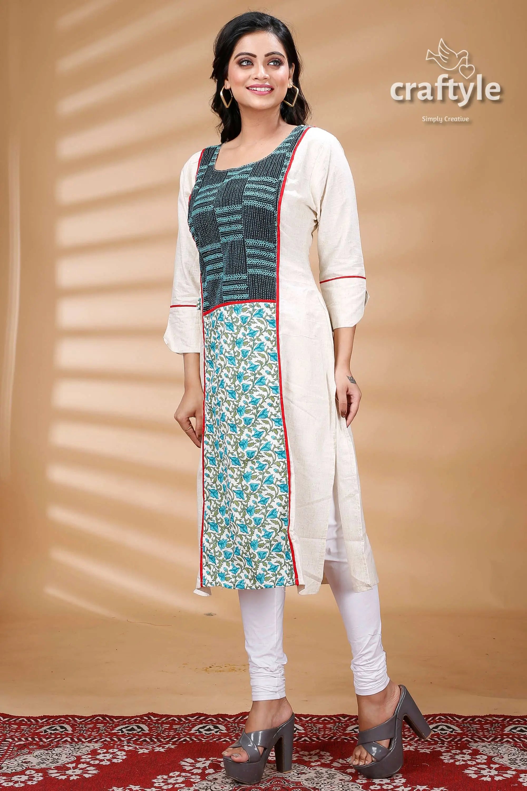 White cotton mix and match kurti with kantha embroidery woman’s patterned kurta leggings 3