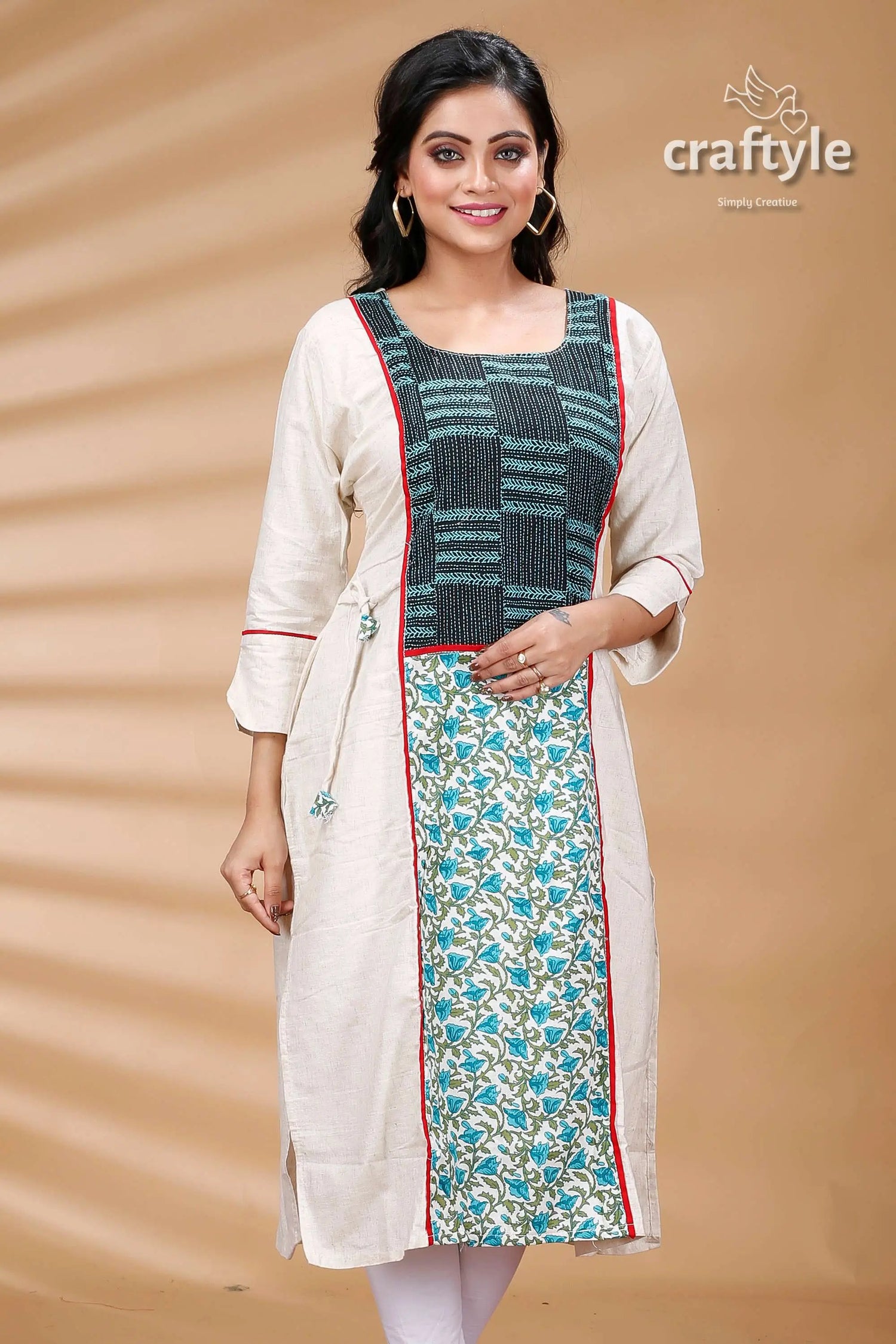 White cotton mix and match kurti with kantha embroidery woman’s patterned kurta 2