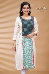 White cotton mix and match kurti with kantha embroidery woman’s patterned kurta 2