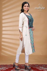 White cotton mix and match kurti with kantha embroidery woman’s white patterned kurta 4