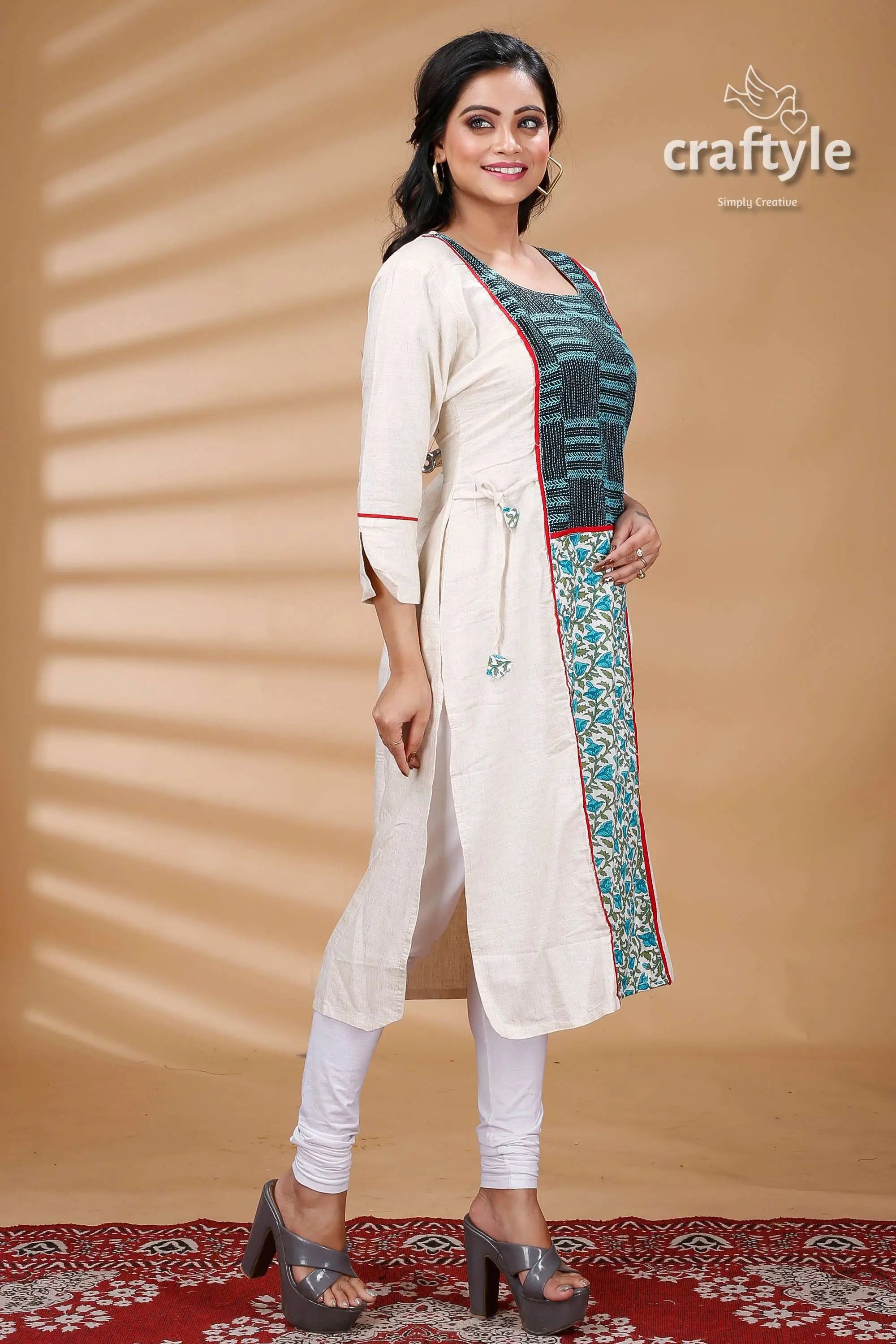 White cotton mix and match kurti with kantha embroidery woman’s white patterned kurta 4