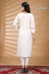White cotton mix and match kurti with kantha embroidery woman’s white kurta red trim 5