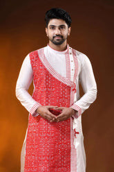 White cotton silk embroidery punjabi for men with red ethnic design 2