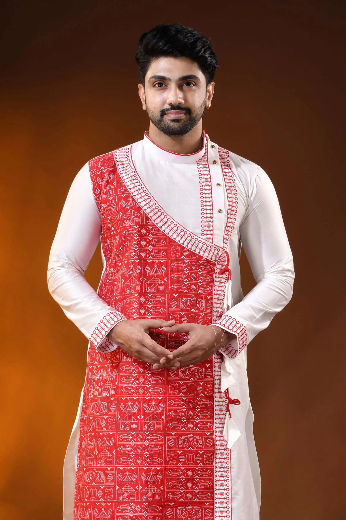 White cotton silk embroidery punjabi for men with red ethnic design 2