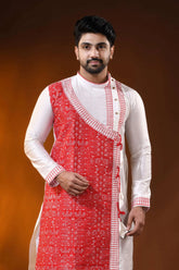 White cotton silk embroidery punjabi for men with red ethnic design 6