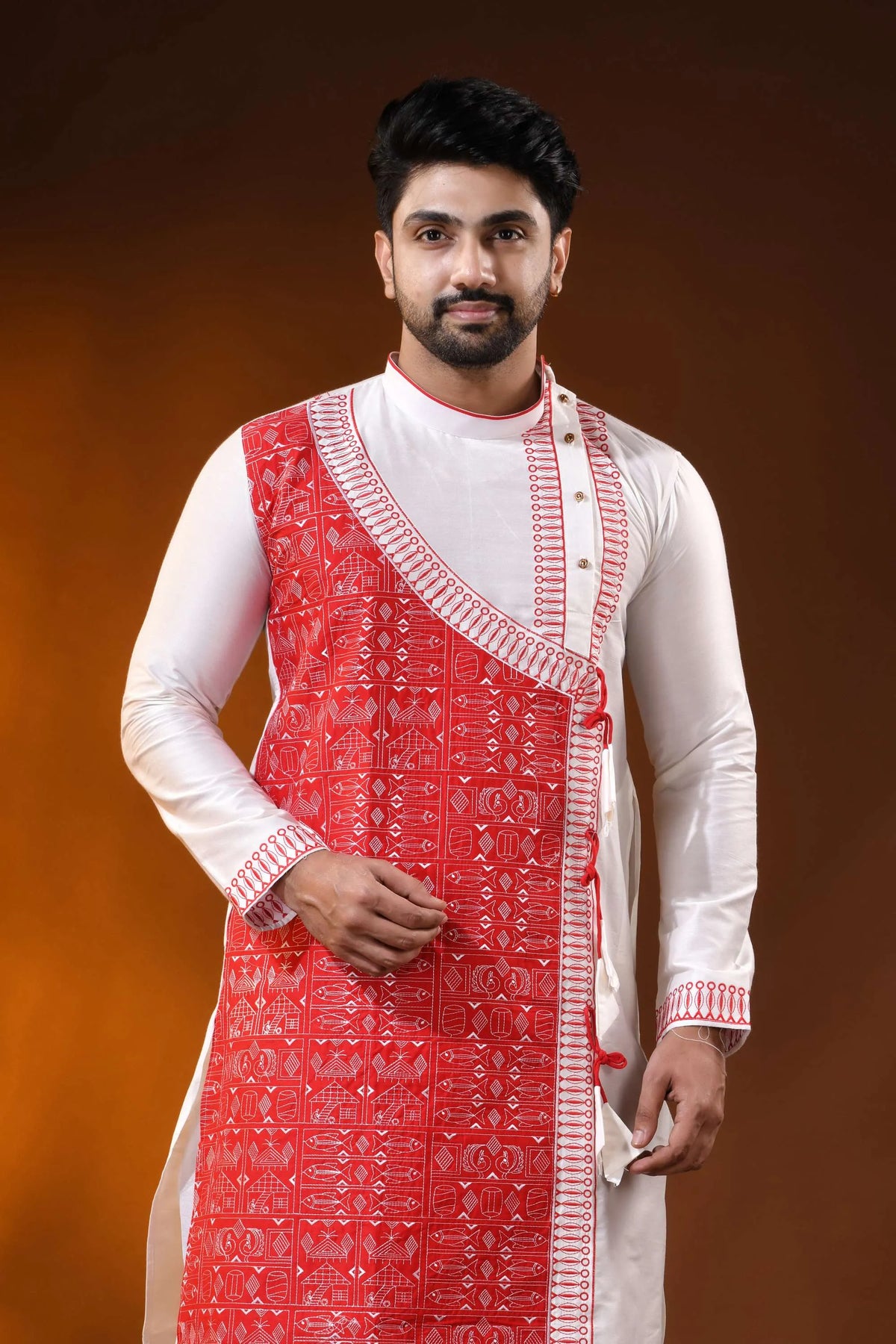 White cotton silk embroidery punjabi for men with red ethnic design 6