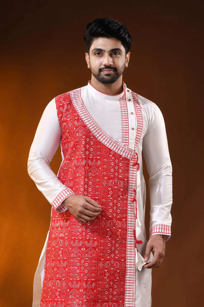 White cotton silk embroidery punjabi for men with red ethnic design 6