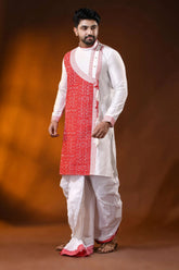 White cotton silk embroidery punjabi for men with red ethnic design 3