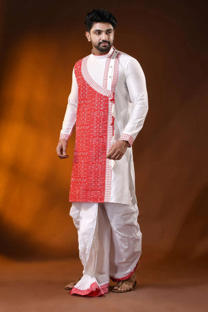 White cotton silk embroidery punjabi for men with red ethnic design 3