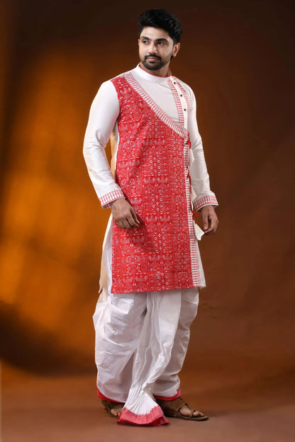 White cotton silk embroidery punjabi for men with red ethnic design 4