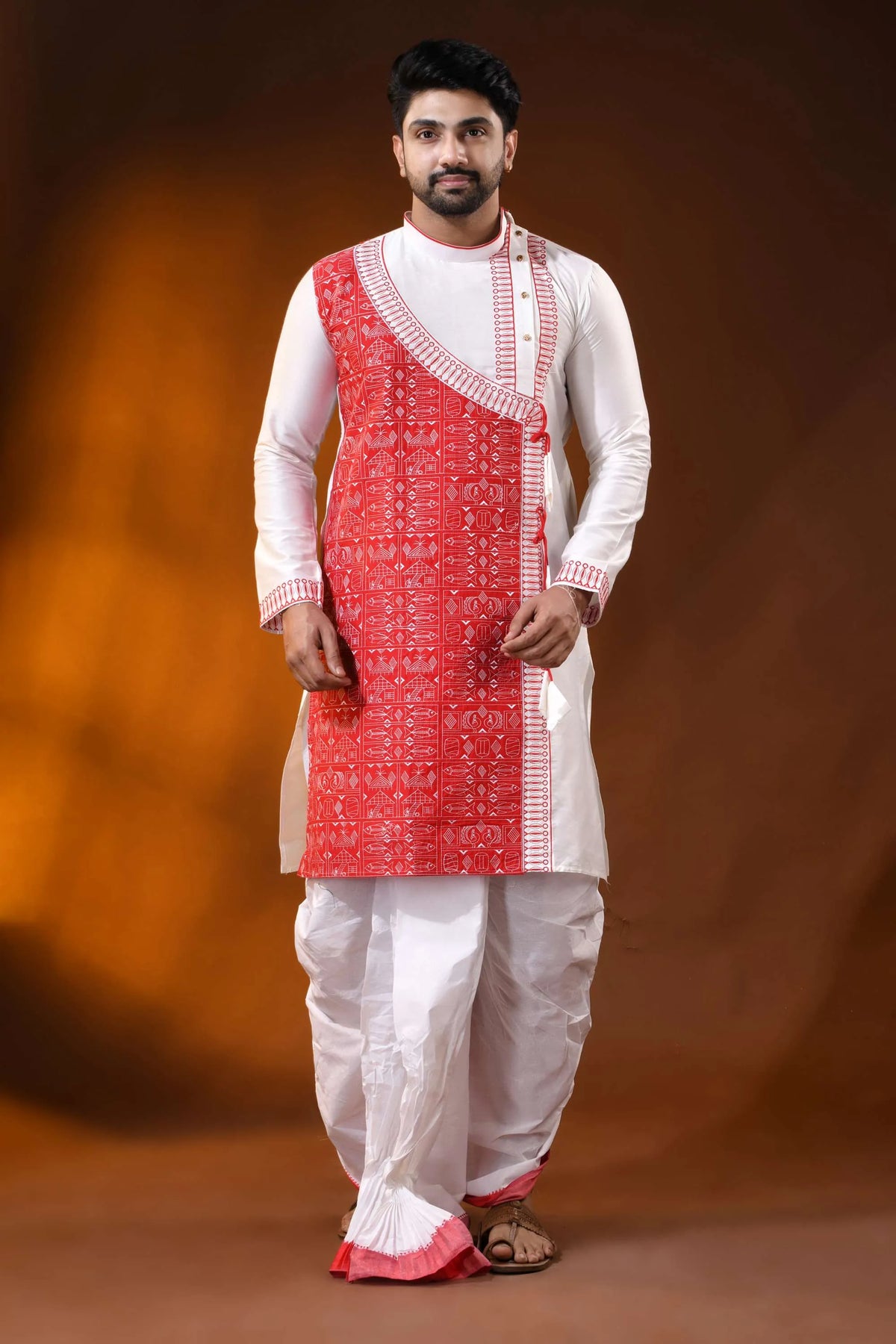 White cotton silk embroidery punjabi for men with red ethnic design 1