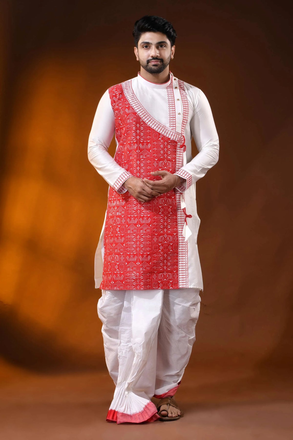 White cotton silk embroidery punjabi for men with red ethnic design 7