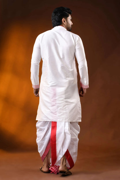 White cotton silk embroidery punjabi for men with red ethnic design 5