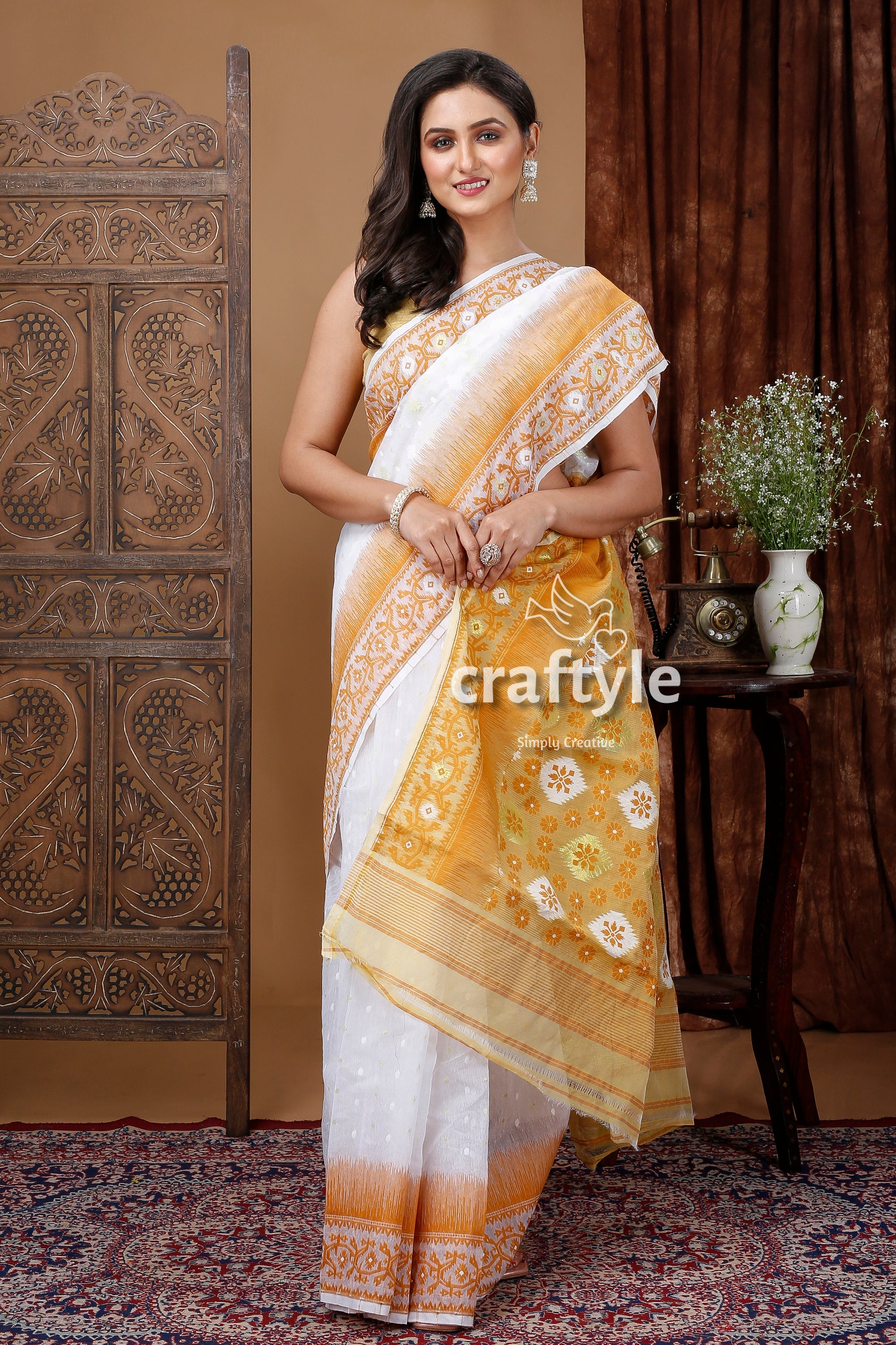 White Earth Yellow Bengal Jamdani Saree for a Touch of Elegance - Craftyle