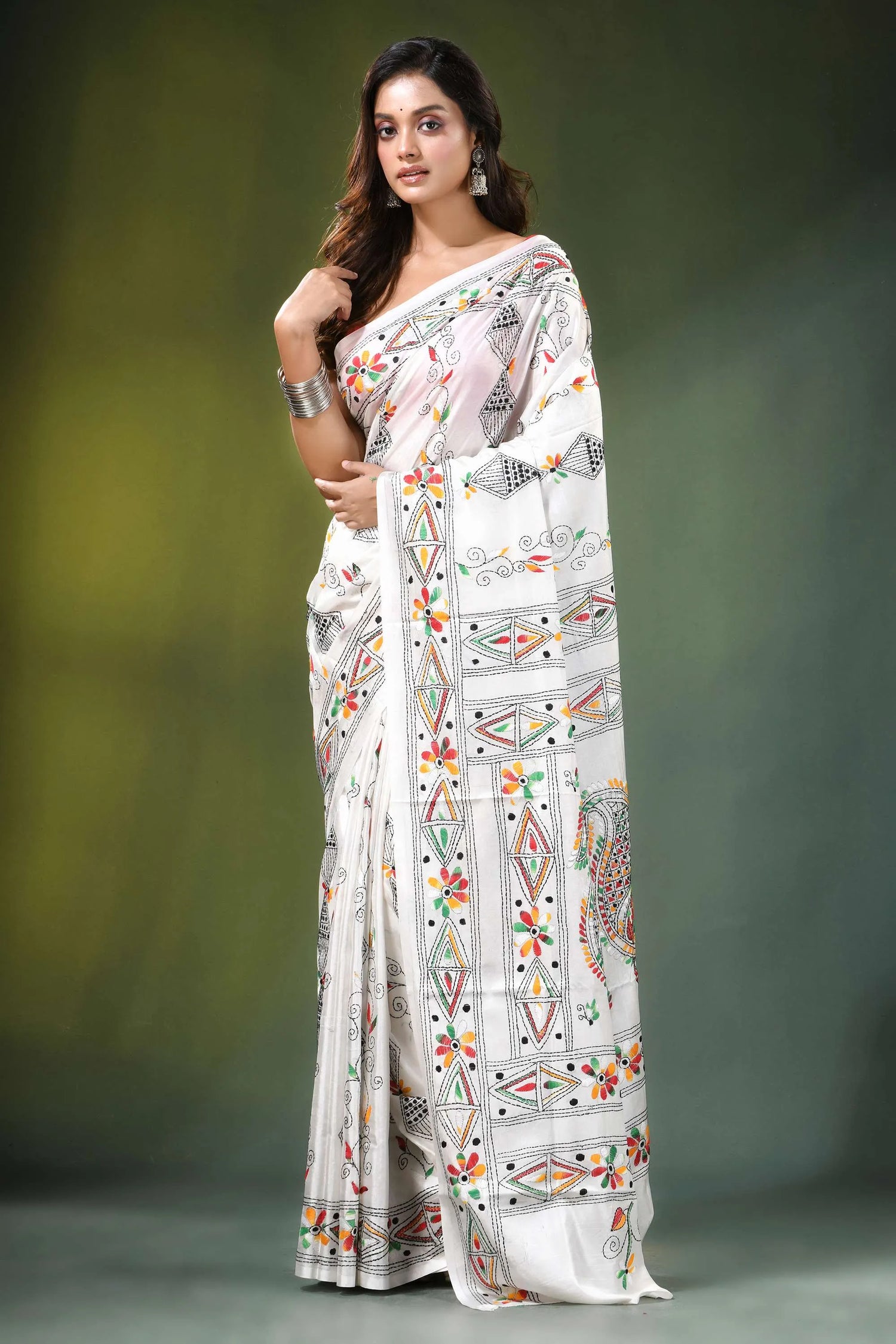 White ethnic handcrafted floral silk kantha work saree adorned intricate colorful 6